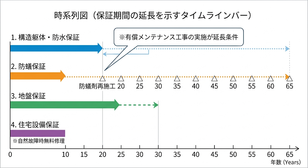 保証期間の延長を示す0〜65年のタイムライン図。各保証の初期・延長期間と注記をシンプルに図解。