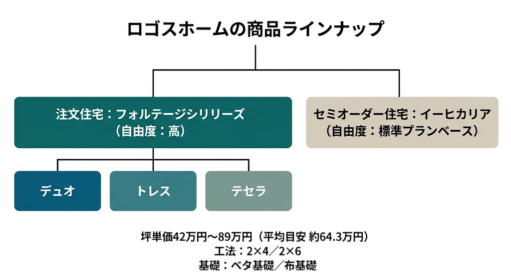ロゴスホームの商品ラインナップを分類したツリー図。注文住宅フォルテージとセミオーダーが並ぶ。