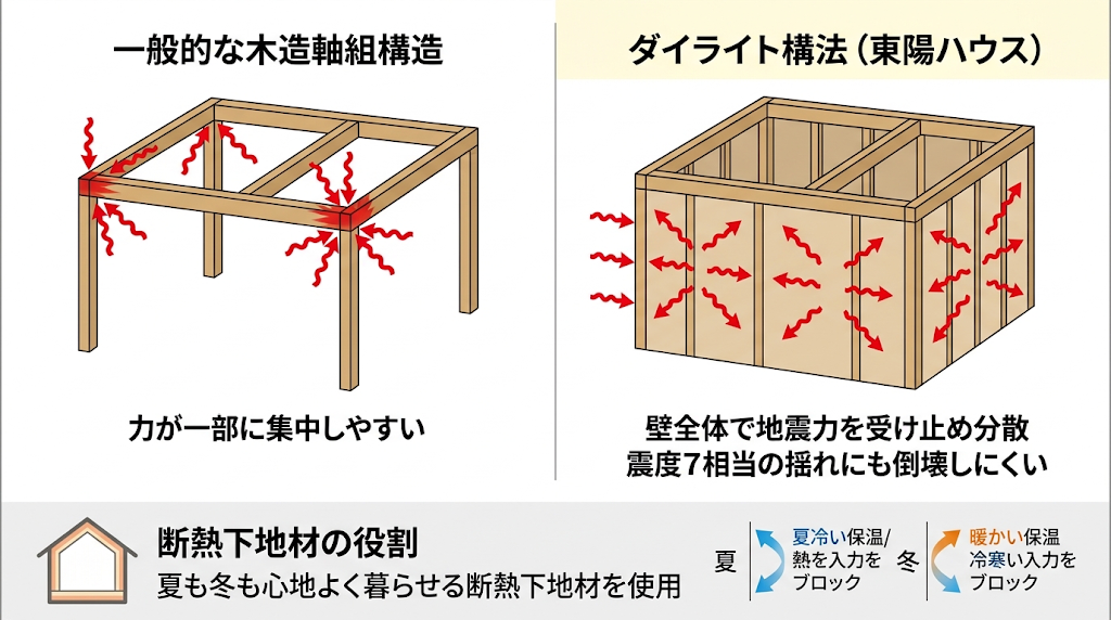 木造軸組構造とダイライト構法の耐震・断熱性を比較した概念図