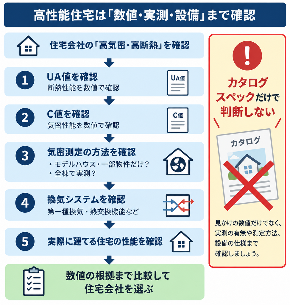 高性能住宅をUA値・C値・気密測定・換気設備・実際の住宅性能から確認する流れ