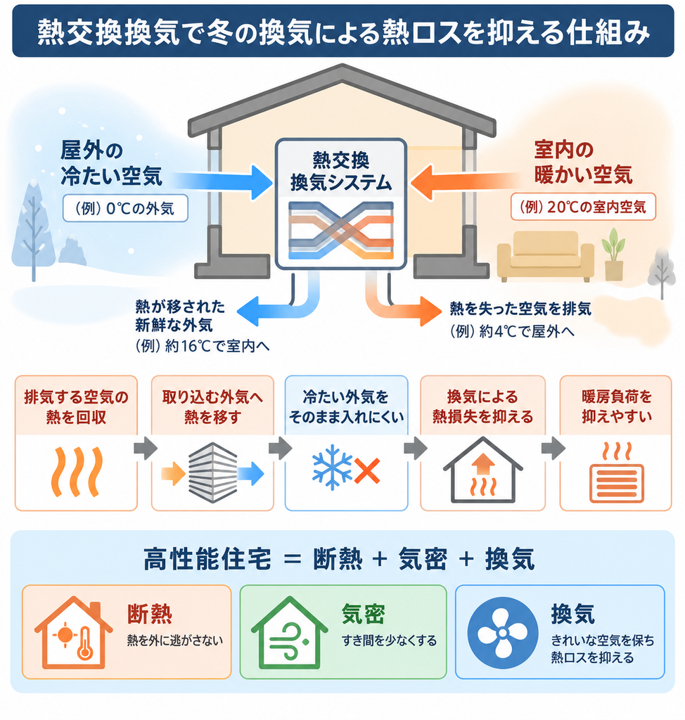 熱交換換気で排気の熱を外気へ移し、冬の換気による熱損失と暖房負荷を抑える仕組み