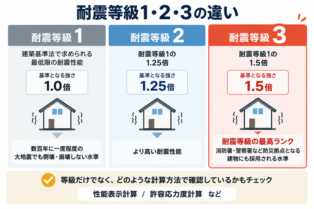 耐震等級1・2・3の強さの違いと、性能表示計算・許容応力度計算などの確認方法を比較した図解