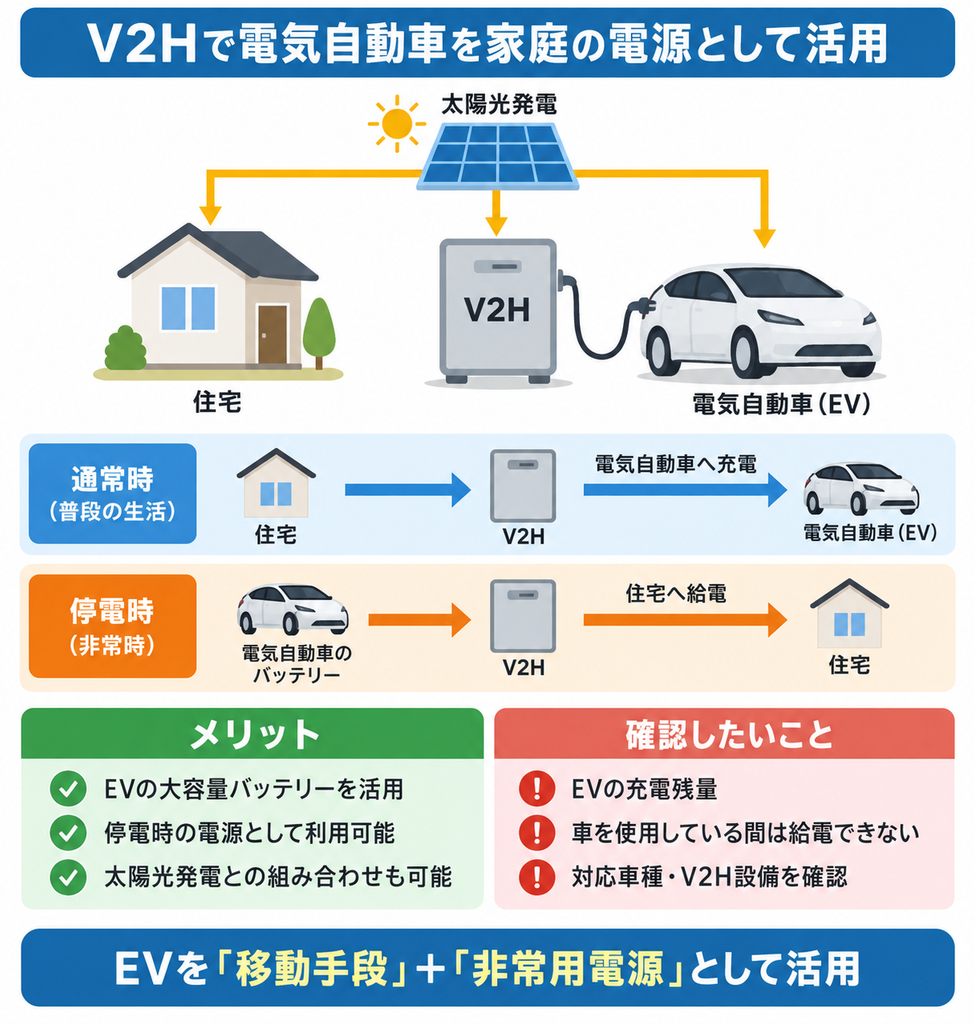 V2HでEVを充電し、停電時はEVのバッテリーから住宅へ給電する仕組みとメリット・注意点