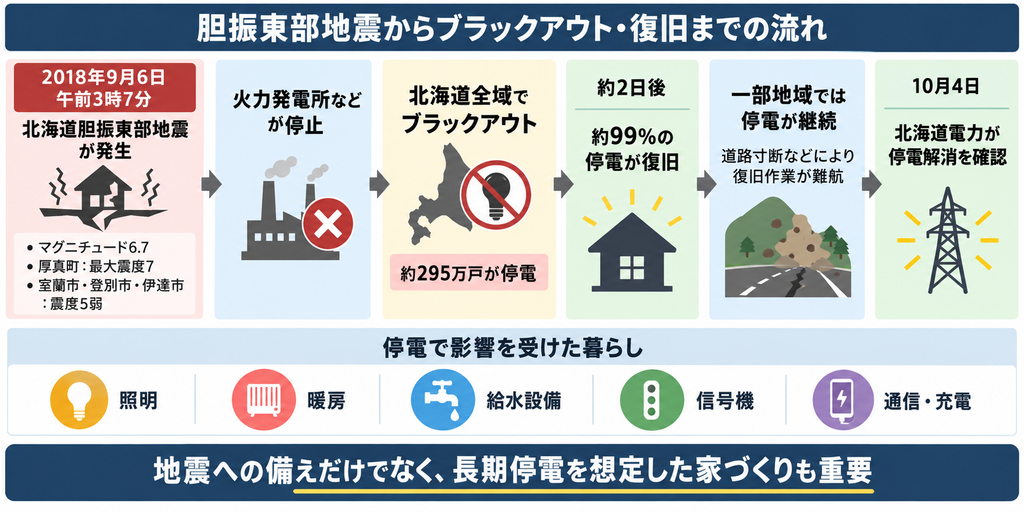 胆振東部地震の発生から全域停電、約99%の復旧、停電解消までの流れと暮らしへの影響を示す図解
