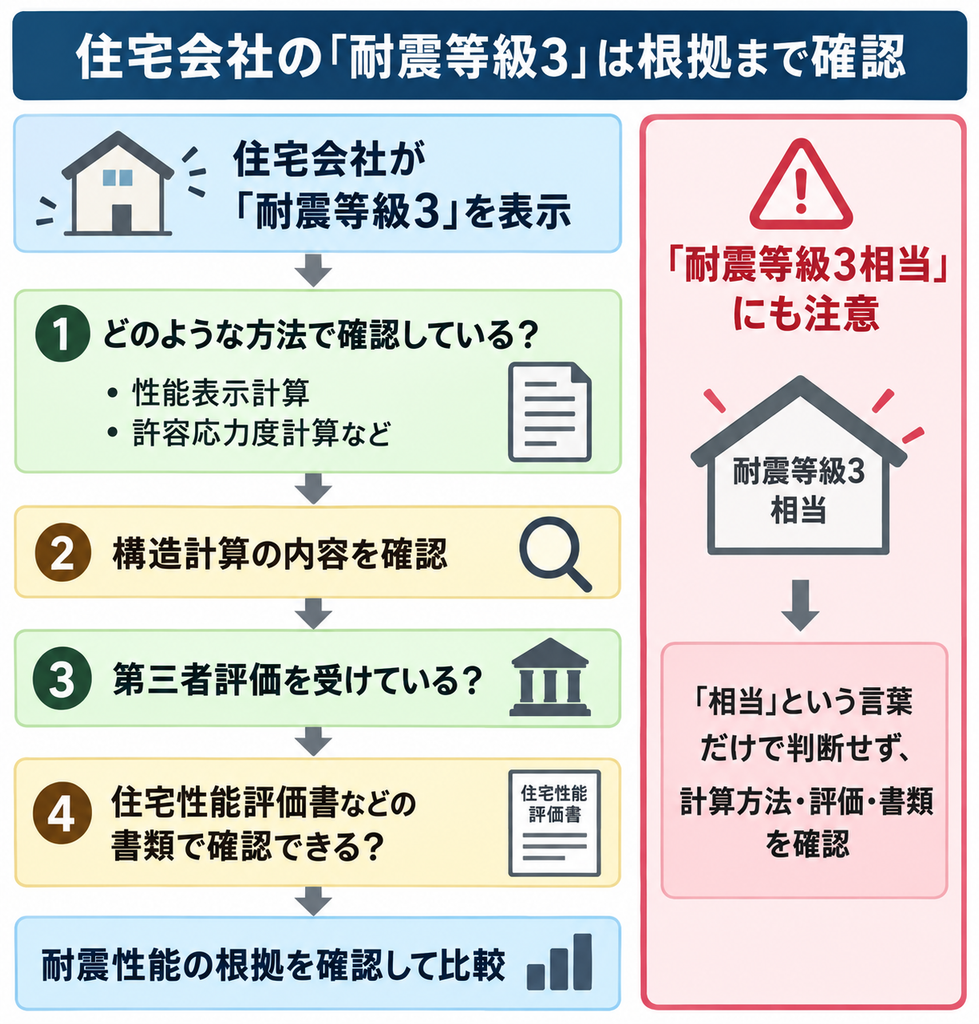 耐震等級3の確認方法から構造計算、第三者評価、性能評価書まで根拠を確認する流れと相当表記の注意点