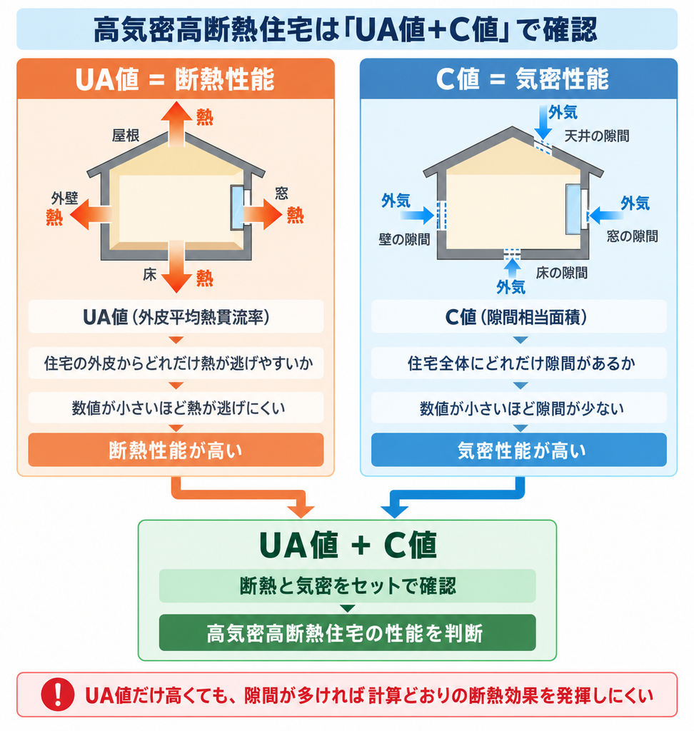 UA値とC値から住宅の断熱性能と気密性能をセットで確認する高気密高断熱住宅の概念図
