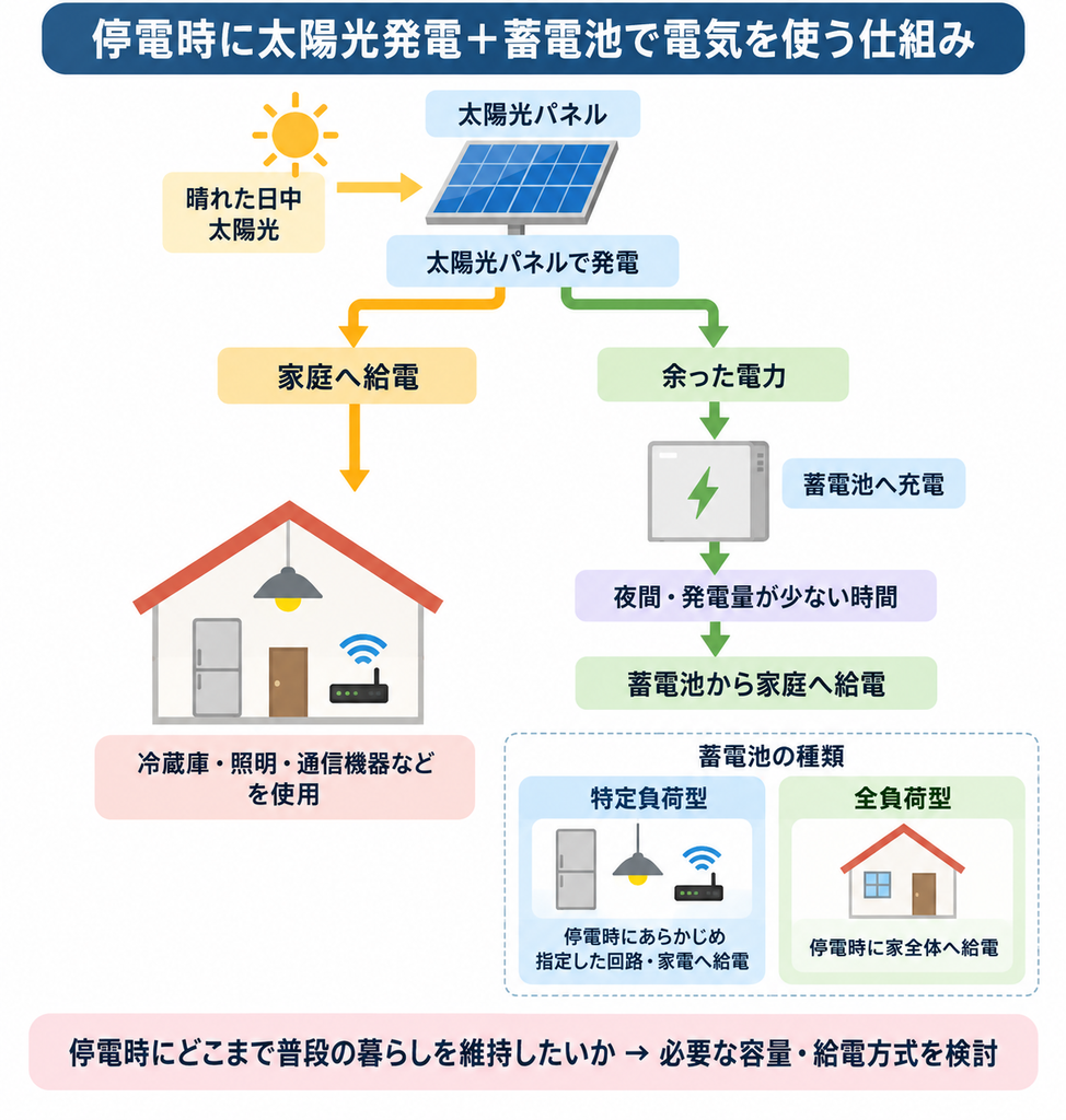 停電時に太陽光発電と蓄電池で家庭へ給電する流れと、特定負荷型・全負荷型の違いを示す図解
